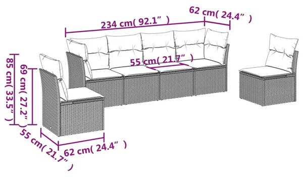 Vrtna garnitura - 6-dijelni set vrtnih sofa od poliratana s jastucima sivi - Siva Bez stola 1 Siva