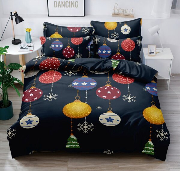 Visokokvalitetna tamnoplava božićna posteljina sa šarenim ukrasima 3 dijela: 1kom 200x220 + 2kom 70 cmx80