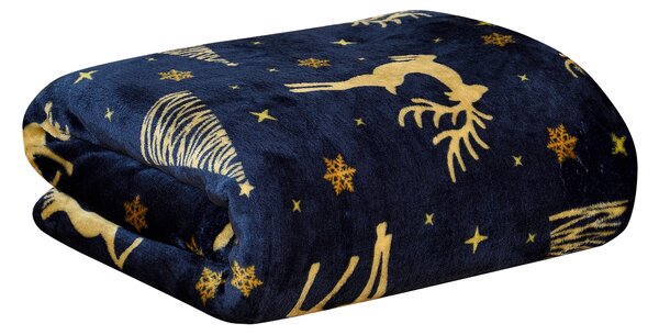 Tamnoplava božićna deka od mikropliša GOLDEN DEER Dimenzije: 150 x 200 cm