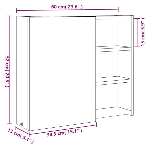 Kupaonski ormarić s ogledalom i LED svjetlom boja hrasta - Boja hrasta 60 x 13 x 52 cm 1 Boja hrasta