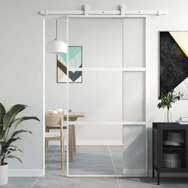 Klizna vrata bijela 102 5x205 cm od kaljenog stakla i aluminija - Bijela i prozirna 102.5 x 205 cm 1 2 vodoravne šipke