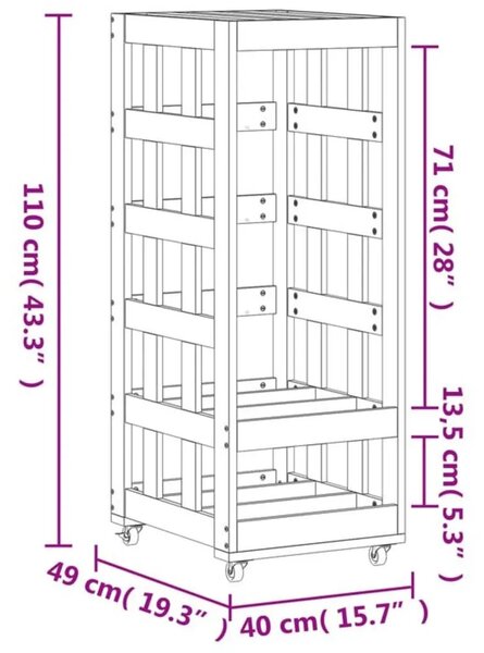 Držač za drva - Držač za cjepanice s kotačima 40x49x110 cm od borovine - Prirodna Prirodna
