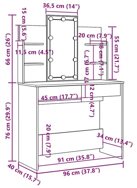Toaletni stolić s LED svjetlima bijeli 96 x 40 x 142 cm - Bijela 1 Bijela