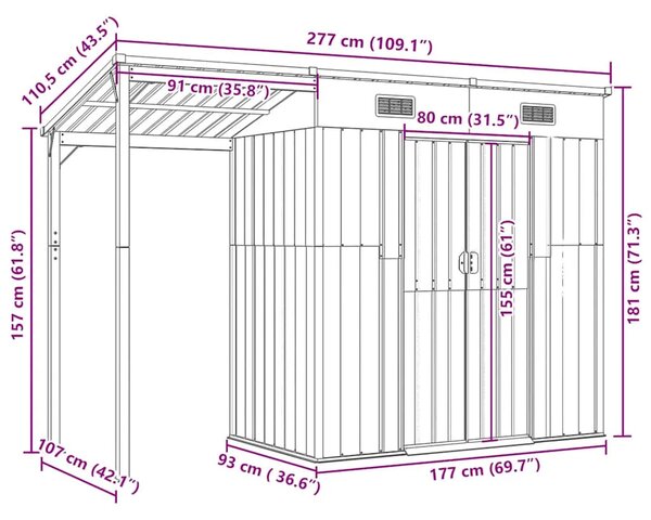 Vrtna kućica s produženim krovom svijetlosiva 277x107x181 cm čelična - Svjetlosiva 1 Svjetlosiva