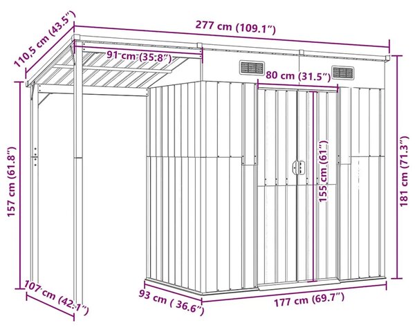 Vrtna kućica s dužim krovom svjetlosmeđa 277x107x181 cm čelik - Svjetlosmeđa 1 Svjetlosmeđa