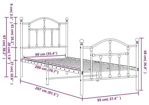 Metalni okvir kreveta uzglavlje i podnožje crni 90 x 200 cm - Crna 90 x 200 cm s uzglavljem i podnožjem Crna