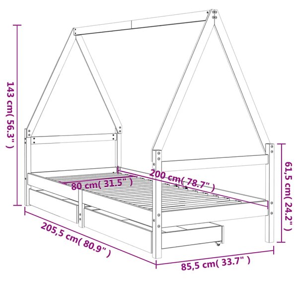 Okvir za dječji krevet s ladicama bijeli 80x200 cm od borovine - Bijela 80 x 200 cm Bijela 80 x 200 cm