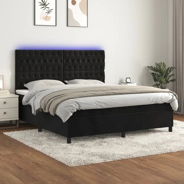 Krevet box spring s madracem LED crni 160x200 cm baršun - Crna 160 x 200 cm Dizajn s gumbima Crna