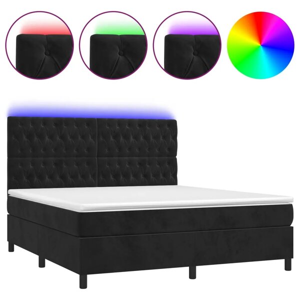 Krevet box spring s madracem LED crni 160x200 cm baršun - Crna 160 x 200 cm Dizajn s gumbima Crna