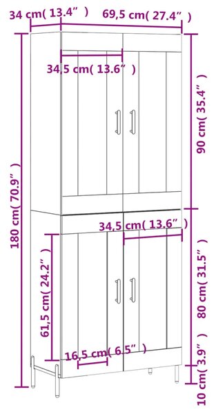 Visoka komoda bijela 69 5x34x180 cm konstruirano drvo - Bijela 1 2 drvena vrata Bijela
