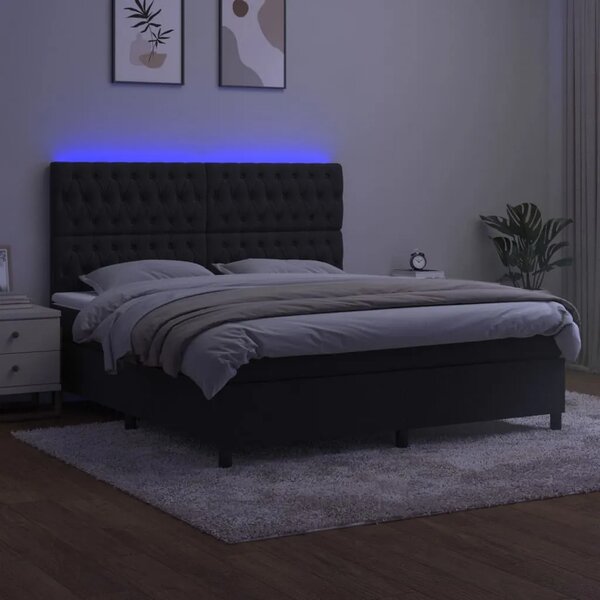 Krevet box spring s madracem LED crni 160x200 cm baršun - Crna 160 x 200 cm Dizajn s gumbima Crna