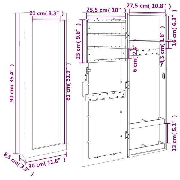 Zidni ormarić za nakit s ogledalom bijeli 30 x 8 5 x 90 cm - Bijela 1 Bijela