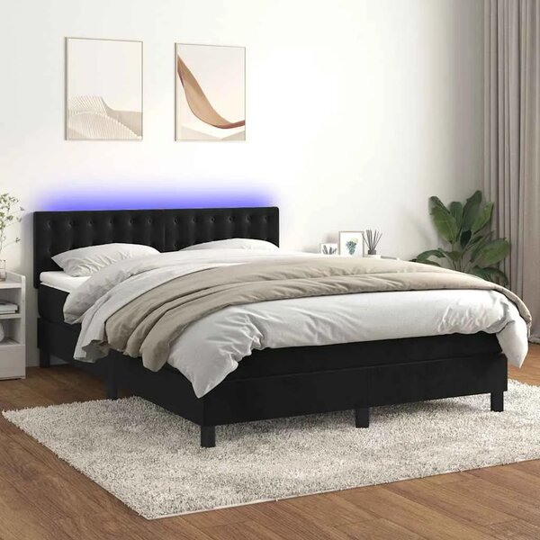 Krevet box spring s madracem LED crni 140x190 cm baršun - Crna 140 x 190 cm gumbi Crna