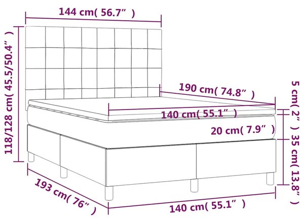 Krevet box spring s madracem LED crni 140x190 cm od tkanine - Crna 140 x 190 cm Blok s kvadratima Crna
