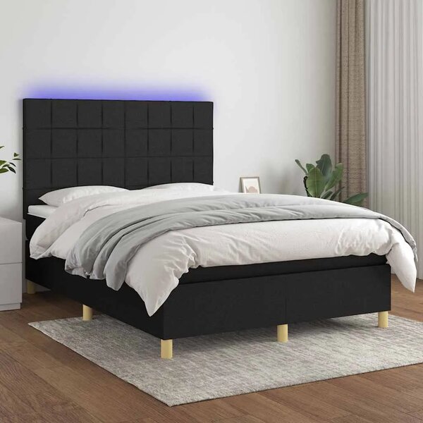 Krevet box spring s madracem LED crni 140x190 cm od tkanine - Crna 140 x 190 cm Blok s kvadratima Crna
