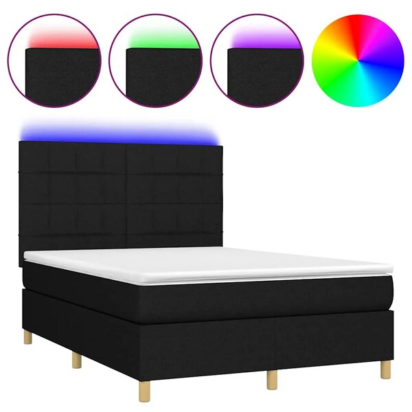Krevet box spring s madracem LED crni 140x190 cm od tkanine - Crna 140 x 190 cm Blok s kvadratima Crna