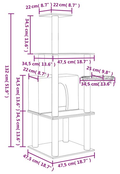 Penjalica za mačke - Kuća za mačke - Grebalica sa stupovima za grebanje svjetlosiva 132 cm - Svjetlosiva Svjetlosiva