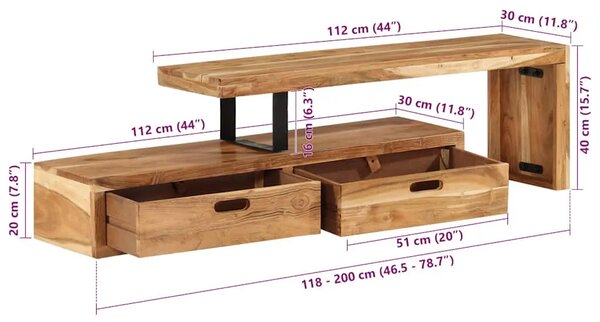 TV stalak (118-200) x 30 x 40 cm Masivno drvo akacije - 1 112 cm Masivno bagremovo drvo 112 cm