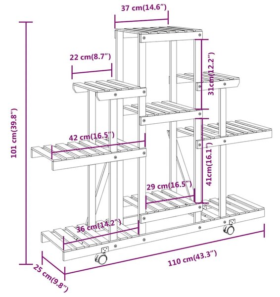 Stalak za cvijeće s kotačima 110x25x101 cm od masivne jelovine - Smeđa 110 x 25 x 101 cm 1 Smeđa