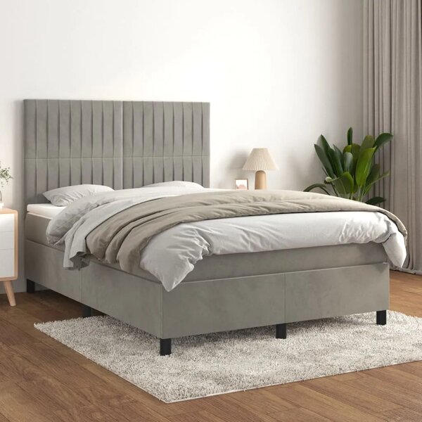 Boxspring - Krevet s oprugama i madracem svjetlosivi 140x190 cm baršunasti - Svjetlosiva 140 x 190 cm Okomite pruge Svjetlosiva