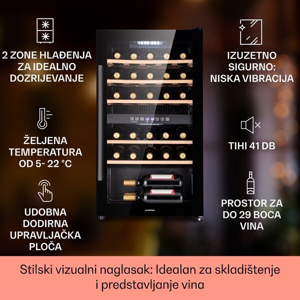 Klarstein Barossa 29 Duo, vinska vitrina, 29 boca, 80 litara, 2 zone, upravljanje tipkama