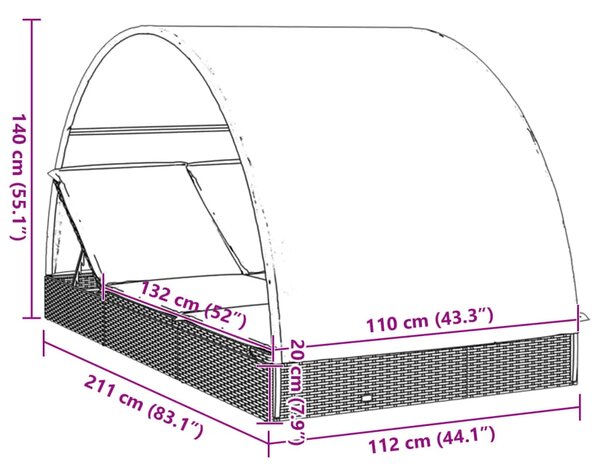Ležaj za sunčanje za 2 osobe crni 211 x 112 x 140 cm poliratan - Crno-bijelo 1 Crno-bijelo