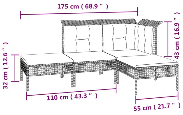 4-dijelna vrtna garnitura od poliratana s jastucima siva - kutna + srednja + 2x tabure 1 Kutna + srednja + 2x tabure