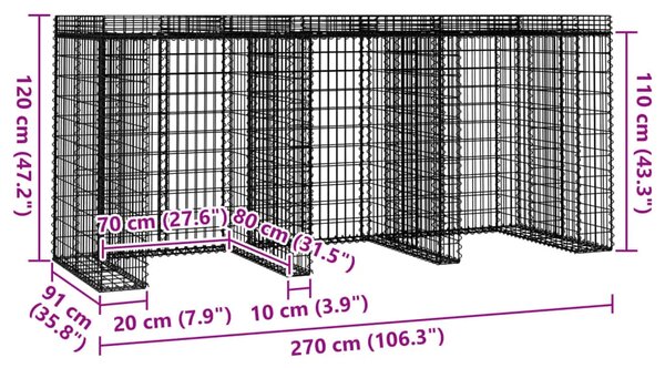 Gabionski zid za kantu za smeće 270x91x120 cm pocinčano željezo - 3 kante 1 3 kante