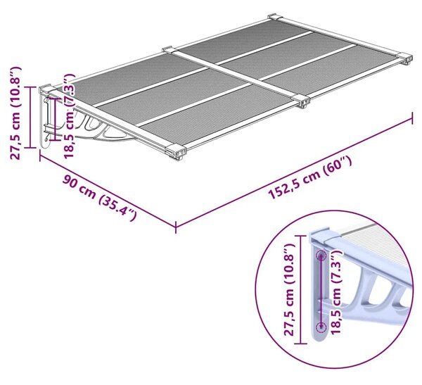 Nadstrešnica za vrata siva i prozirna 152 5x90 cm polikarbonat - 152.5 x 90 cm 1 152.5 x 90 cm