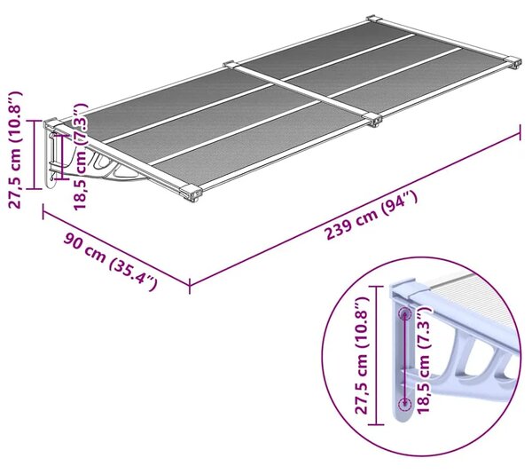 Nadstrešnica za vrata siva i prozirna 239 x 90 cm polikarbonat - 239 x 90 cm 1 239 x 90 cm