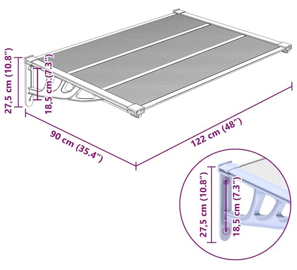 Nadstrešnica za vrata siva i prozirna 122 x 90 cm polikarbonat - 122 x 90 cm 1 122 x 90 cm