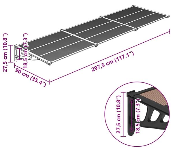 Nadstrešnica za vrata crna 297 5x90 cm polikarbonatna - 297.5 x 90 cm 1 297.5 x 90 cm