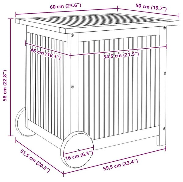 Vrtna kutija za pohranu s kotačima 60x50x58 cm od drva bagrema - 60 x 50 x 58 cm 60 x 50 x 58 cm