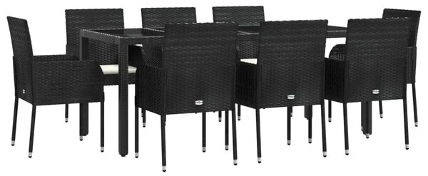 Vrtna garnitura - 9-dijelni vrtni blagovaonski set s jastucima crni od poliratana - Crna Dužina stola 190 cm 8 Crna