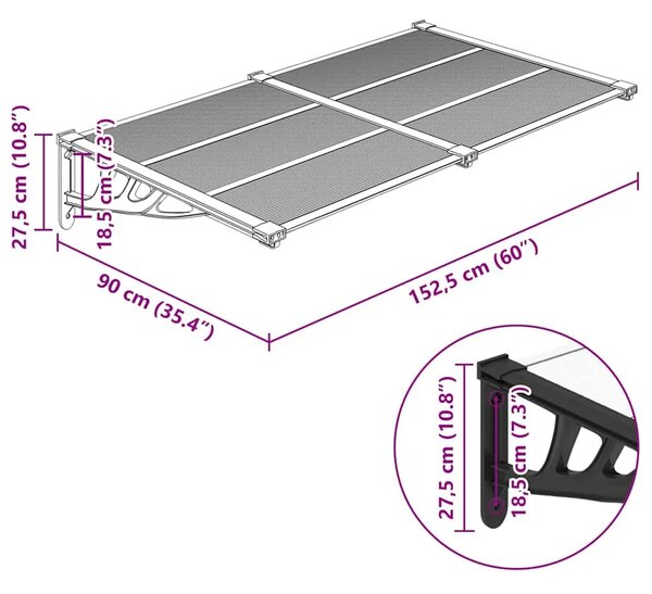 Nadstrešnica za vrata crna i prozirna 152 5x90 cm polikarbonat - 152.5 x 90 cm 1 152.5 x 90 cm