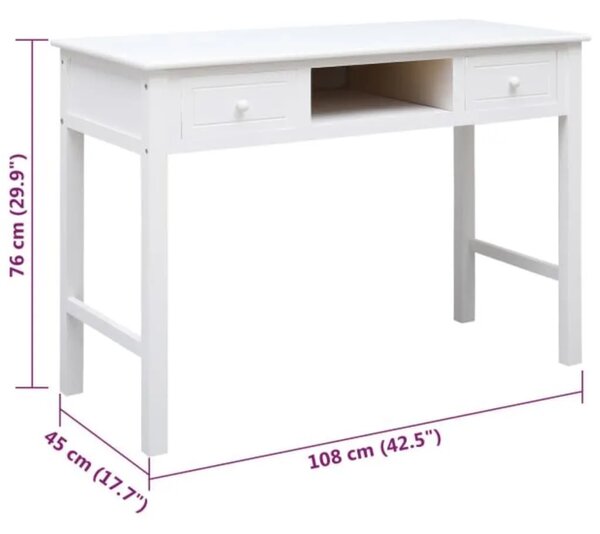 Radni stol bijeli 108 x 45 x 76 cm od masivnog drva paulovnije - Bijela Bijela