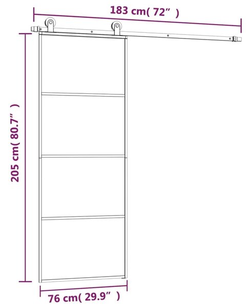 Klizna vrata s priborom 76 x 205 cm od ESG stakla i aluminija - 76 x 205 cm 1 3 vodoravne šipke 76 x 205 cm