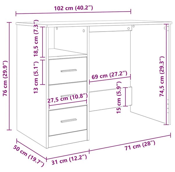Radni stol s ladicama siva boja hrasta 102 x 50 x 76 cm drveni - Sivi hrast sonoma Sivi hrast sonoma