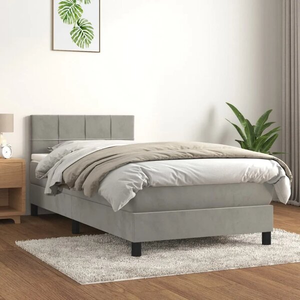 Box spring krevet s madracem svjetlosivi 90x190 cm baršunasti - Svjetlosiva 90 x 190 cm Blok s kvadratima Svjetlosiva