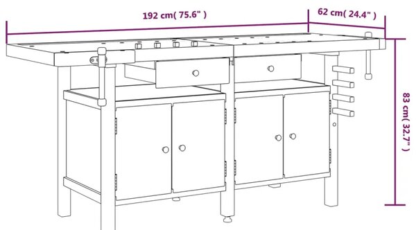 Radni stol s ladicama i škripcima 192x62x83 cm od drva bagrema - 1 s ormarićem S ormarićem