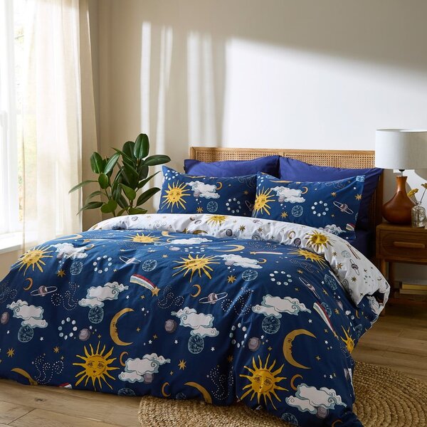 Bijela/plava pamučna posteljina za bračni krevet 200x200 cm Disco Space – Their Nibs