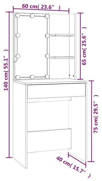 Toaletni stolić s LED svjetlima bijeli 60x40x140 cm - Bijela 1 Bijela