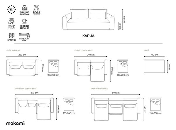 Bež baršunasti sklopiva/s prostorom za odlaganje sofa 238 cm Kapua – Makamii