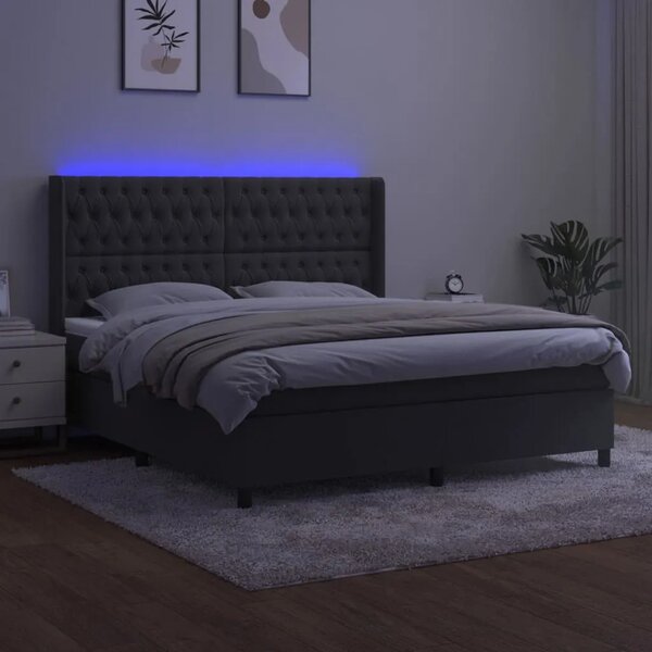 Krevet box spring s madracem LED tamnosivi 160x200 cm baršun - Tamno siva 160 x 200 cm Dizajn s gumbima Tamno siva
