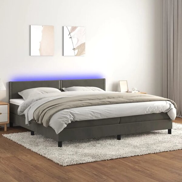 Krevet box spring s madracem LED tamnosivi 200x200 cm baršun - Tamno siva 200 x 200 cm Obično s čavlima Tamno siva