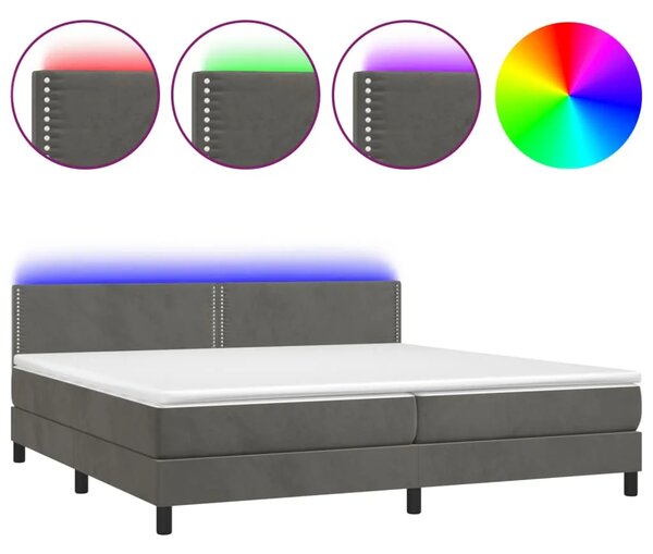 Krevet box spring s madracem LED tamnosivi 200x200 cm baršun - Tamno siva 200 x 200 cm Obično s čavlima Tamno siva