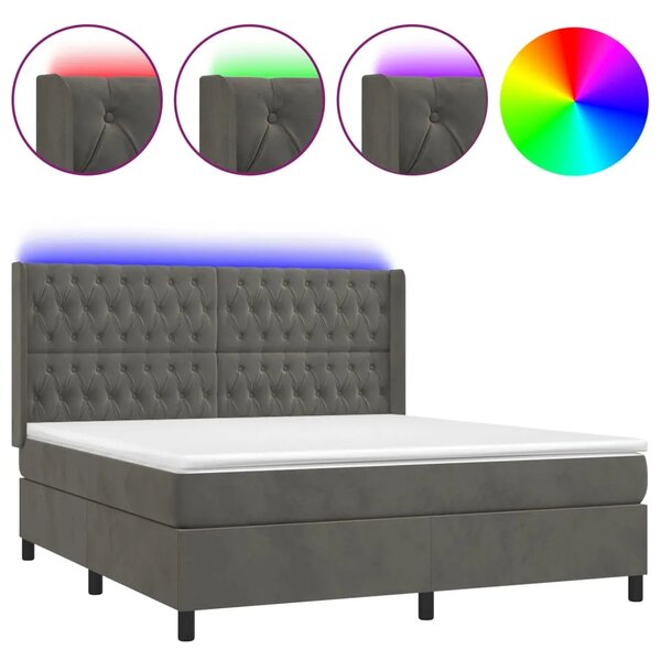 Krevet box spring s madracem LED tamnosivi 160x200 cm baršun - Tamno siva 160 x 200 cm Dizajn s gumbima Tamno siva
