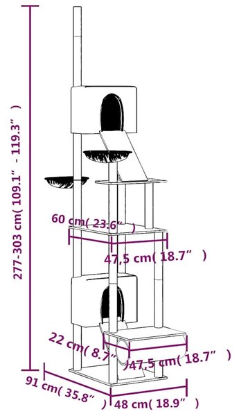 Penjalica za mačke - Kuća za mačke - Grebalica od poda do stropa krem 277 - 303 cm - Krema Krema