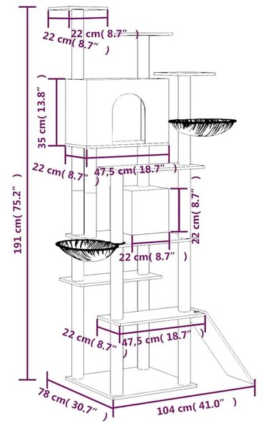 Penjalica za mačke - Kuća za mačke - Grebalica sa stupovima za grebanje svjetlosiva 191 cm - Svjetlosiva Svjetlosiva