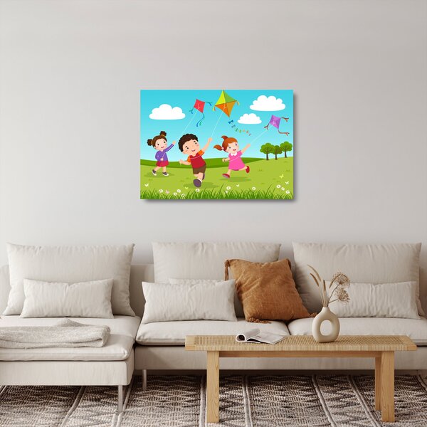 Staklena slika - Djeca puštaju zmaja (70x50 cm)